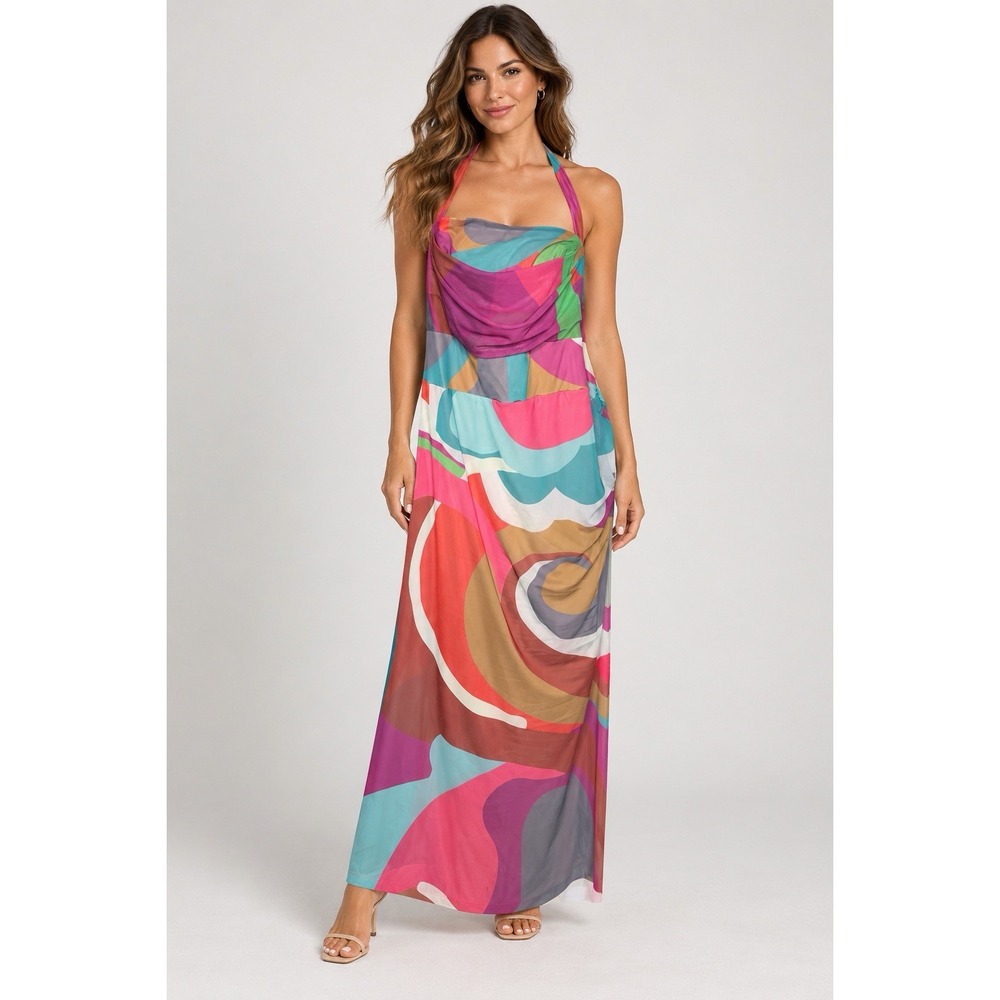 By Anthropologie Square-Neck Halter Midi/Maxi Dress Colorful Size 2X Plus Size
